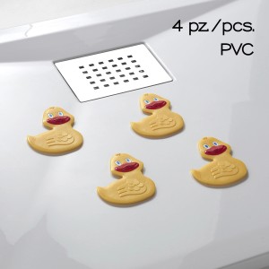 Quattro paperelle di gomma gialle come accessori per doccia.