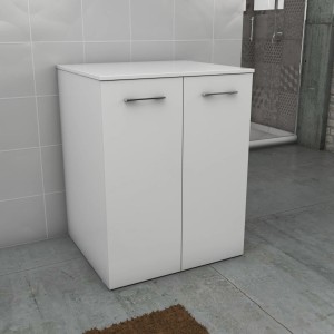 Mobile bagno bianco con due ante e maniglie argentate.