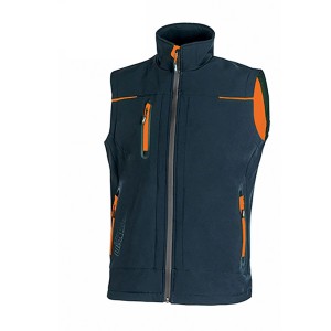 Gilet da lavoro blu scuro con dettagli arancioni e cerniere.