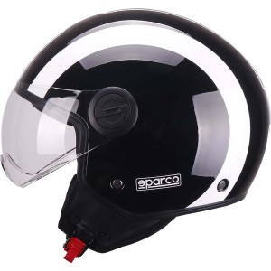 Casco da moto Sparco nero con visiera e striscia bianca.