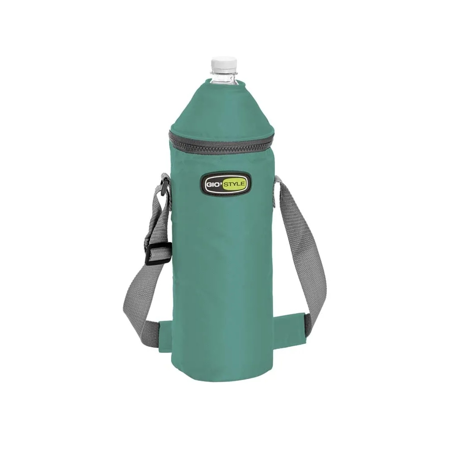 Borsa termica verde per bottiglia con tracolla per campeggio e outdoor.