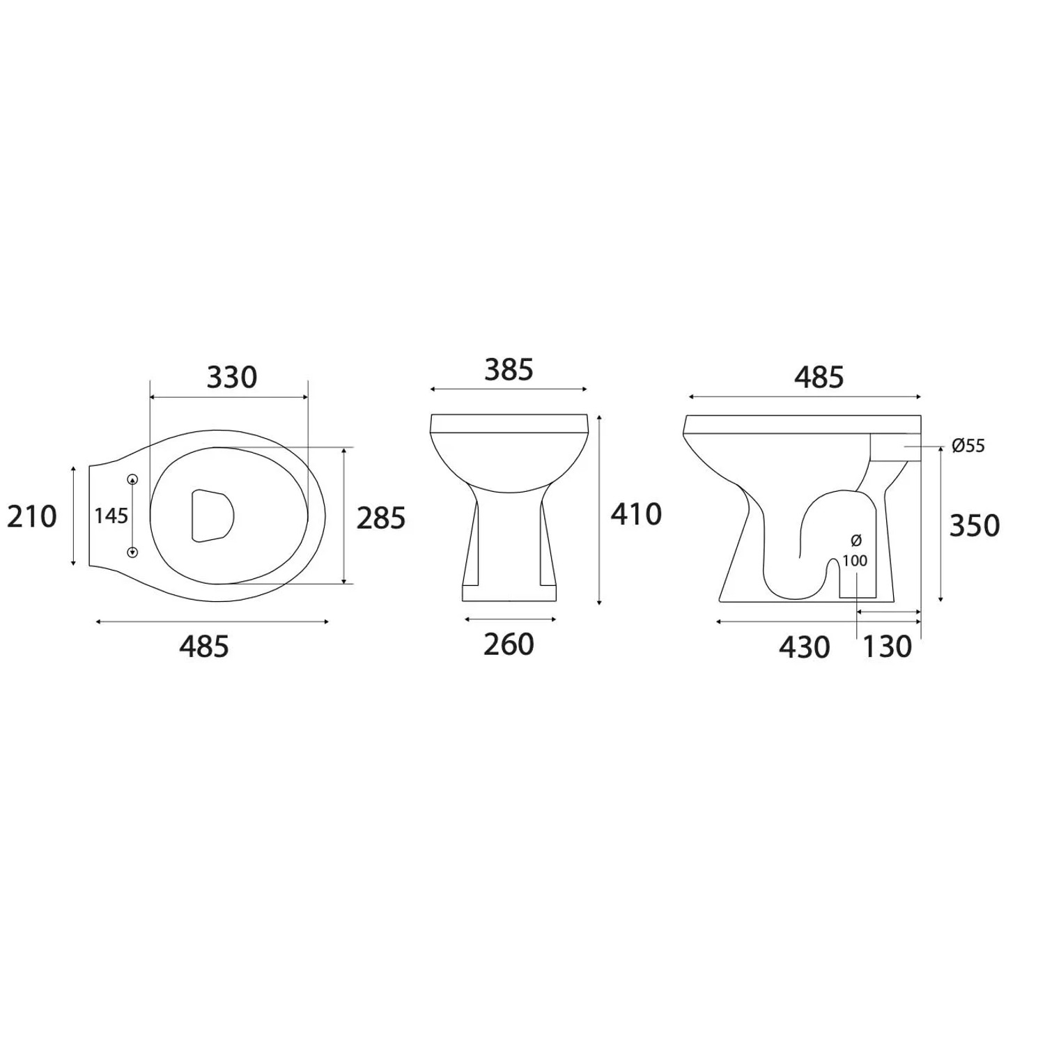 Disegno tecnico WC a terra t.b.t. con misure in mm per la progettazione.