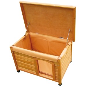 Cuccia per cani aperta in legno con inserto in tessuto. Categoria: Cucce per cani.