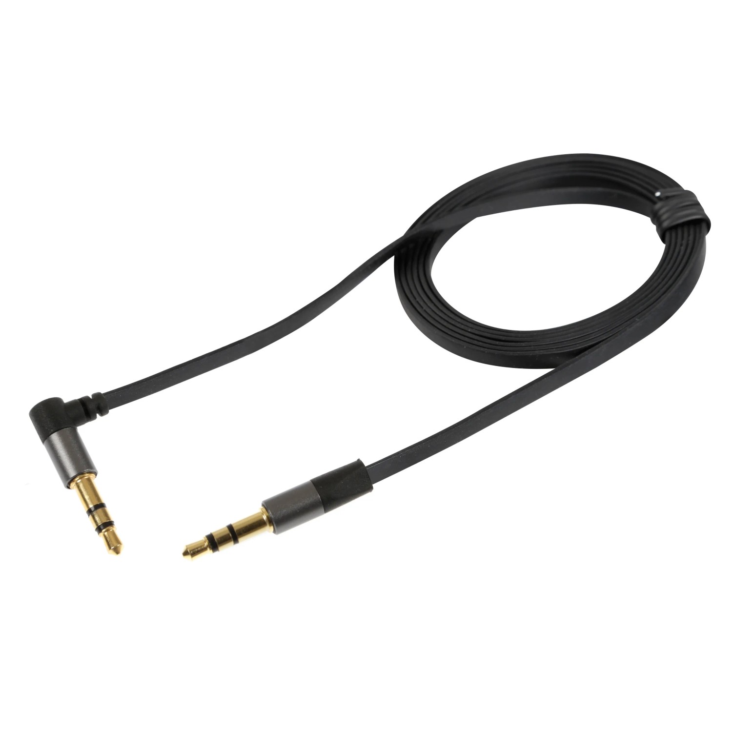 Cavo audio nero piatto con due jack da 3,5 mm per accessori interni auto.