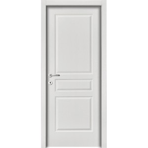 Porta interna bianca con tre pannelli e maniglia argentata.