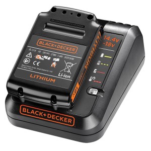 Caricabatterie rapido Black+Decker BDC1A15 con batteria 18V. Caricabatterie per elettroutensili con indicatore di carica.