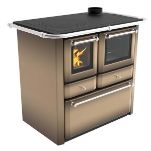 Stufa a legna t.b.t. con piano cottura e forno, color oro.