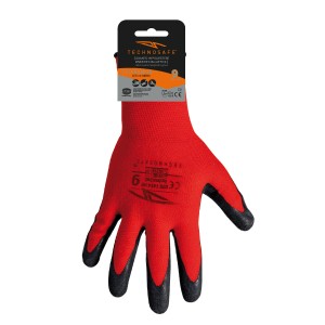 Guanto da lavoro t.b.t. rosso con rivestimento nero sulla punta delle dita.