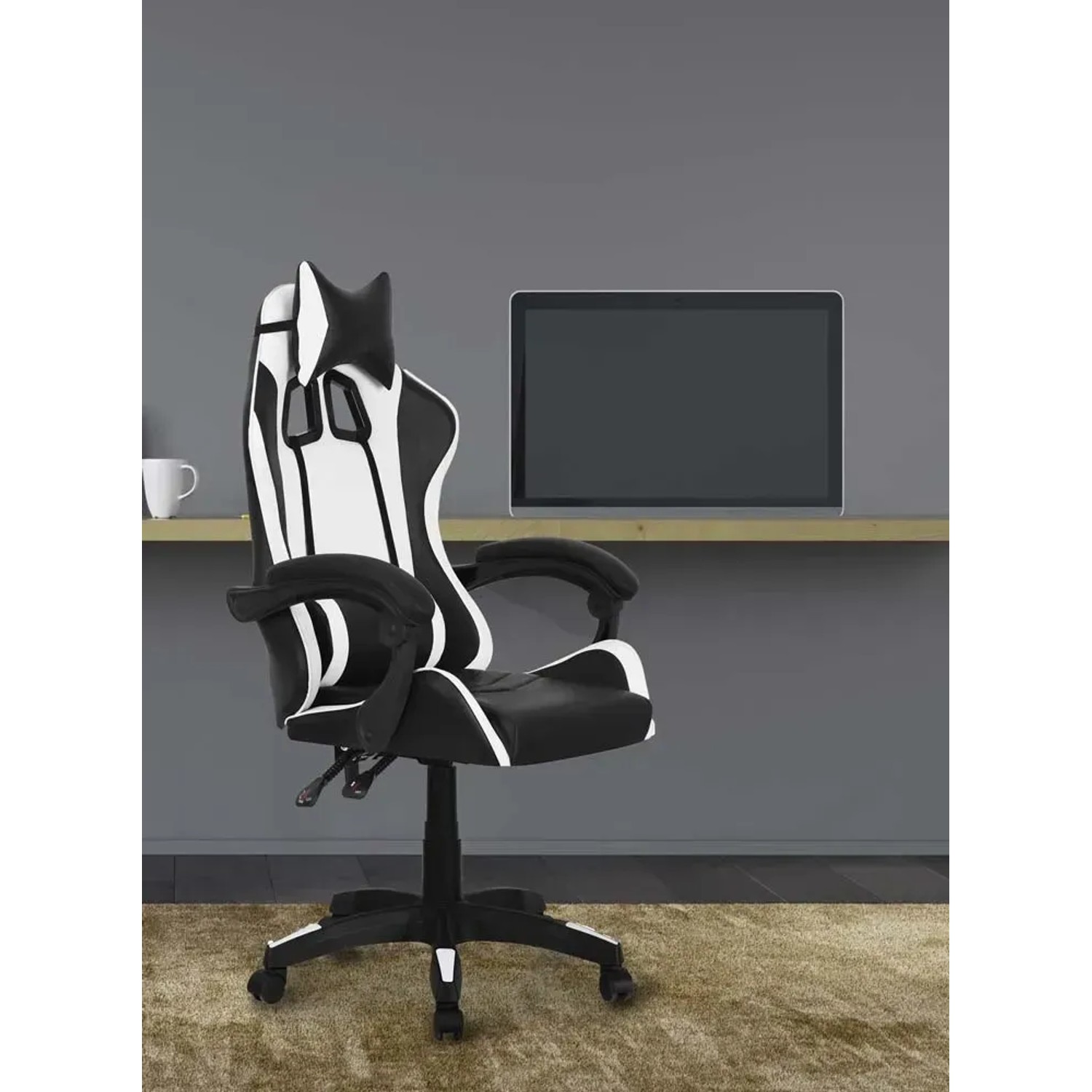 Sedia gaming t.b.t. in bianco e nero.