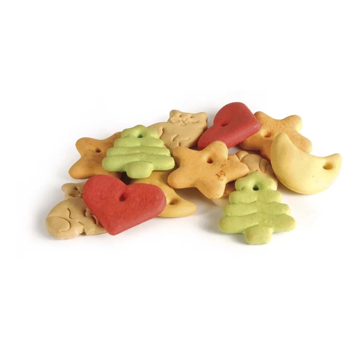 Snack per cani t.b.t. di vari colori a forma di cuore, stella, albero e animale.