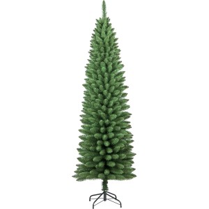 Albero di Natale artificiale verde e stretto su base nera.