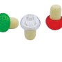 t.b.t. in verde, trasparente e rosso. Tappi in sughero con inserti in plastica colorata.