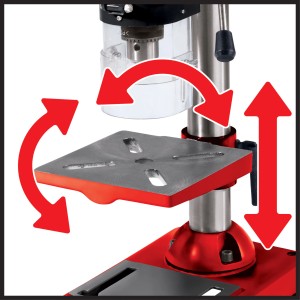Dettaglio del trapano a colonna Einhell TC-BD 350 con marcature per la regolazione del piano di foratura.