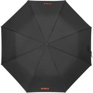Ombrello OBI nero aperto (Ø 98 cm) con logo OBI. Semiautomatico, per una protezione affidabile.