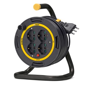 Avvolgicavo grigio con 4 prese e struttura in metallo nero.