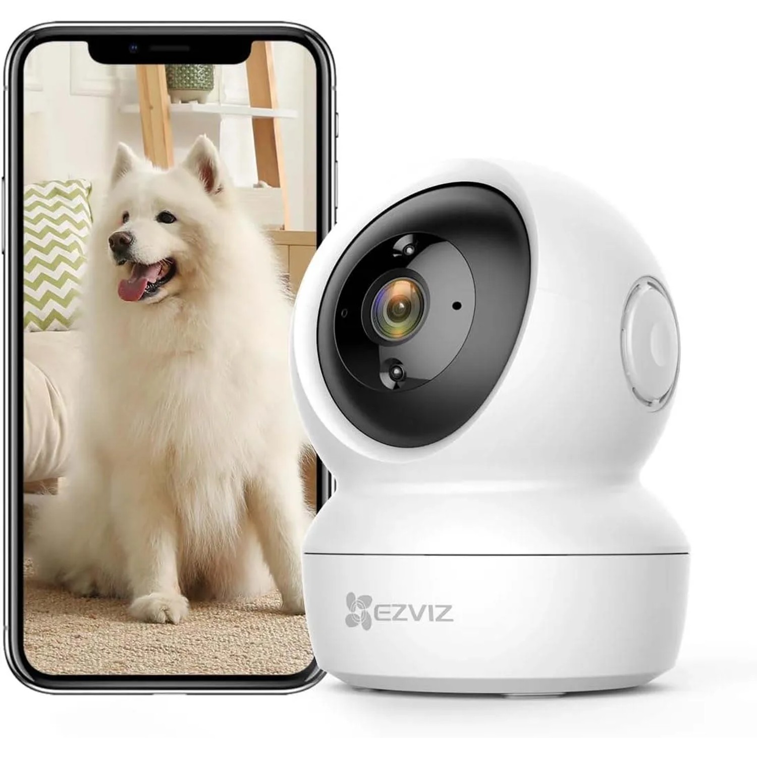 Telecamera di sicurezza bianca con vista smartphone di un cane. Videosorveglianza per animali domestici.