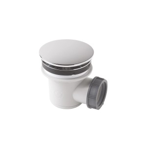 Sifone per doccia con copertura cromata e corpo in plastica.