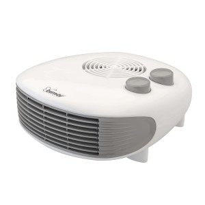 Termoventilatore t.b.t. bianco con dettagli grigi. Riscaldatore elettrico per un rapido riscaldamento.