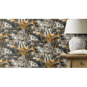 Carta da parati in tessuto non tessuto Rasch Tropical House con paesaggio in nero opaco, grigio e oro.