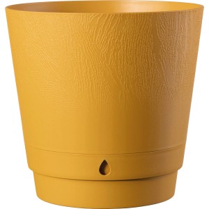 Vaso per piante t.b.t. giallo in plastica con foro di drenaggio.