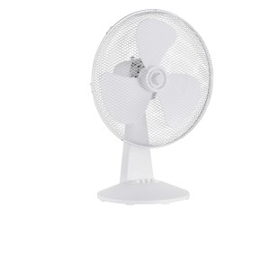 Ventilatore da tavolo bianco con griglia di protezione.