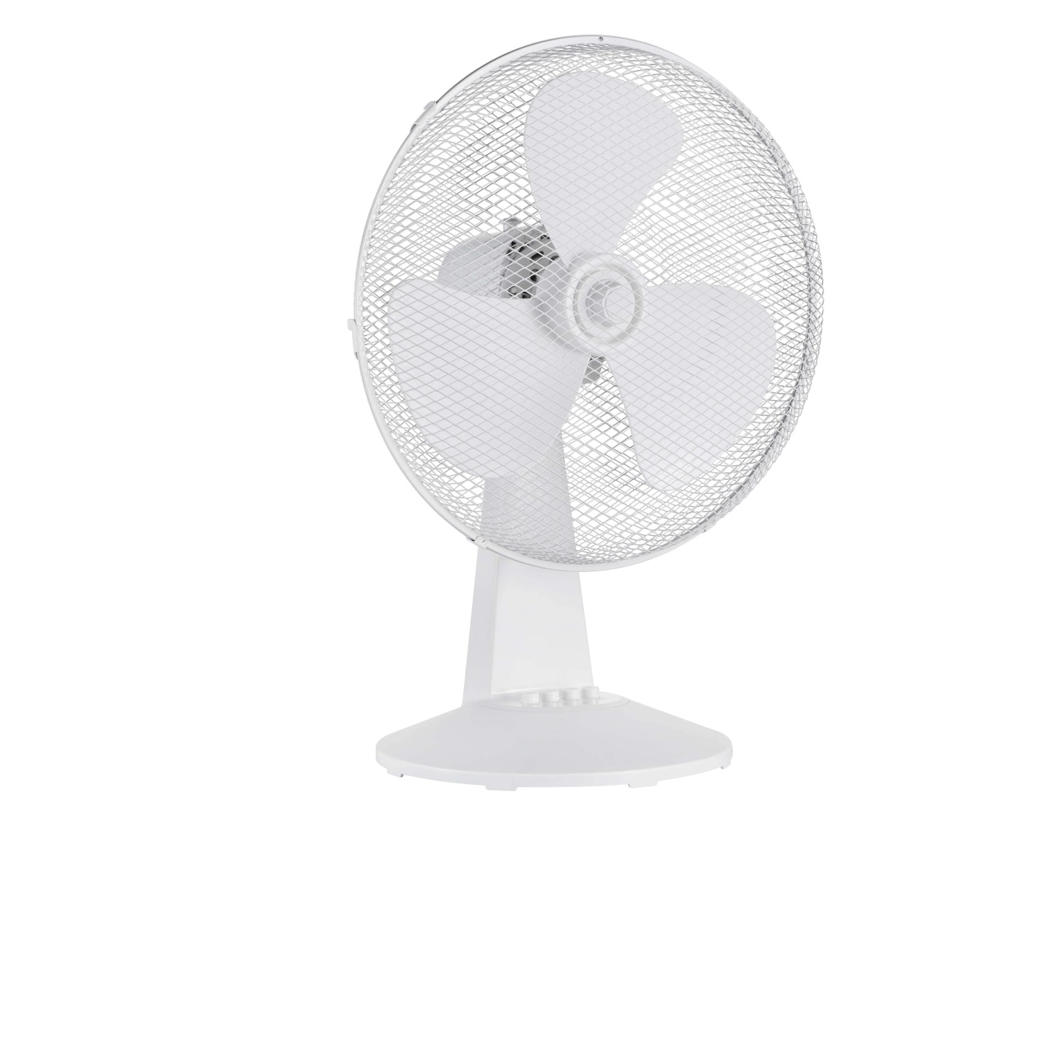 Ventilatore da tavolo bianco con griglia di protezione.