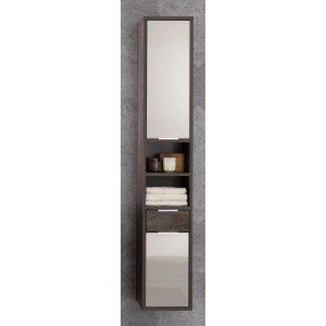Mobile bagno alto e stretto grigio con specchio, ripiani e cassetto. Arredo bagno da parete.
