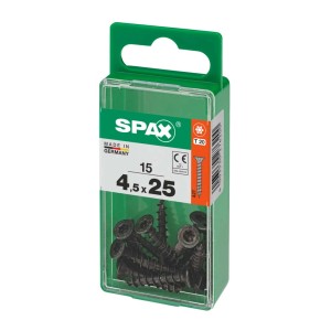 Viti universali Spax, 4,5x25 mm, zincate, nere, 15 pezzi in contenitore di plastica verde.