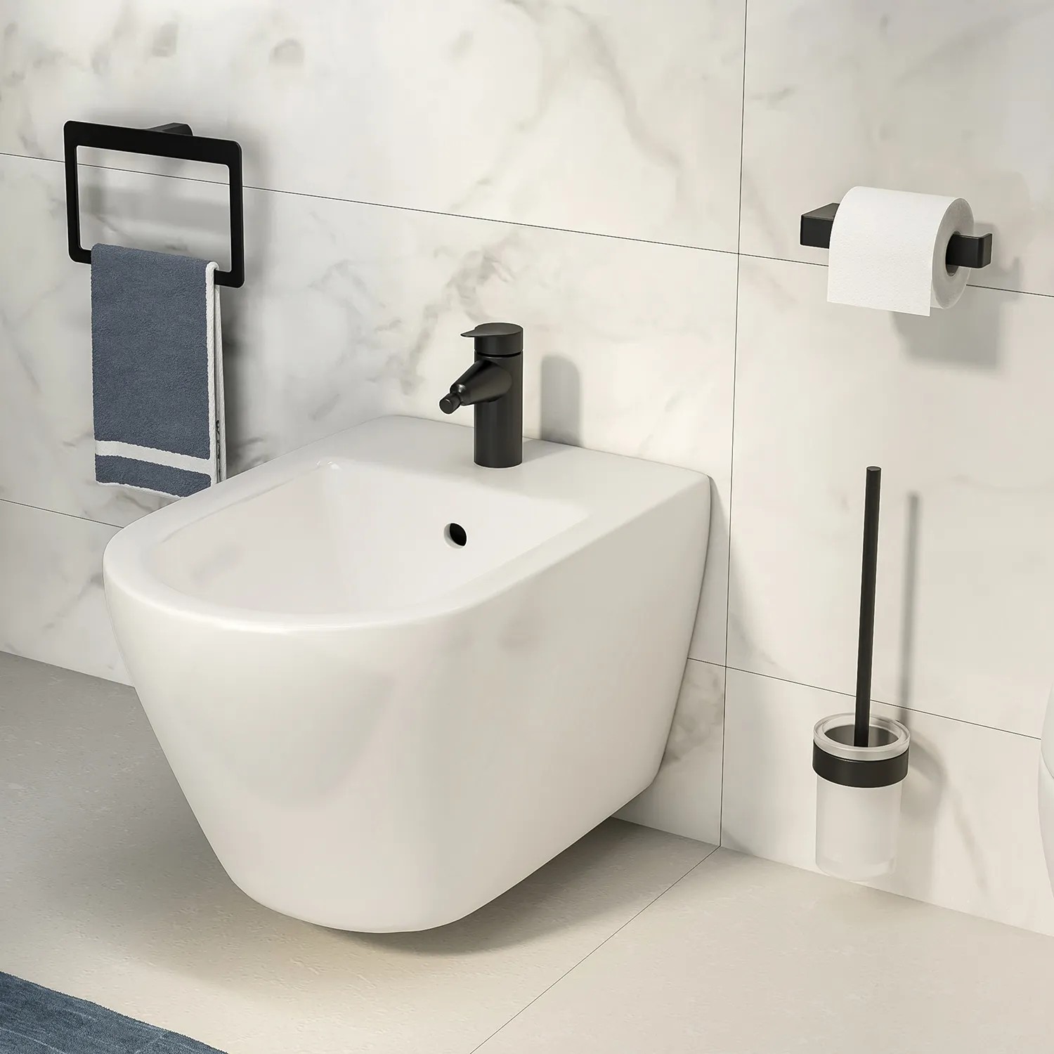Bagno moderno con bidet, porta carta igienica e portasciugamani in nero.