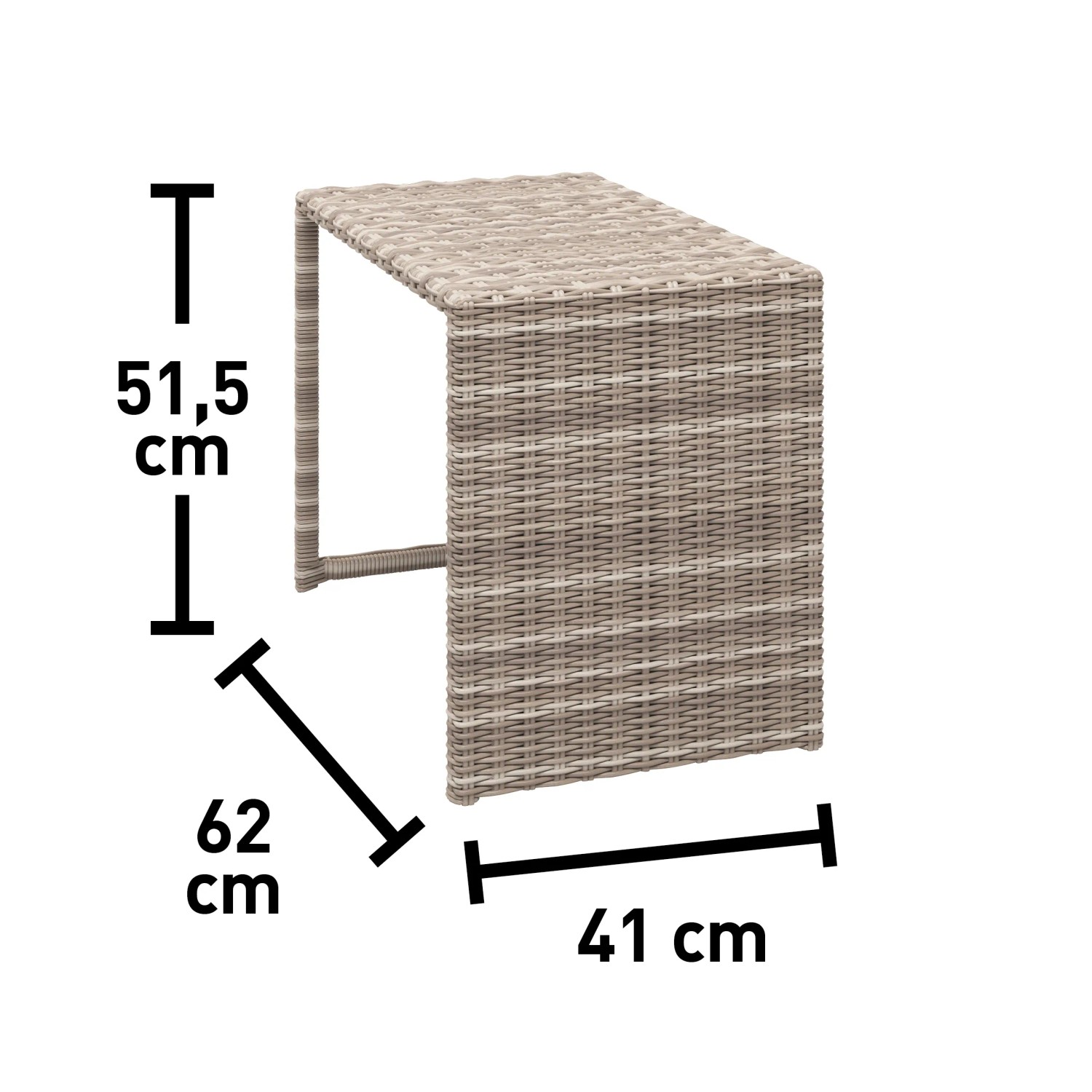 Tavolino in polyrattan, parte del set lounge Olea Compact da 3 pezzi, con dimensioni.