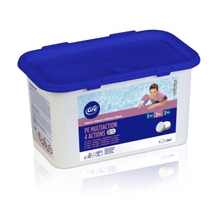 Gre PE Multiaction 4 Actions pastiglie per la cura della piscina in contenitore con coperchio blu.