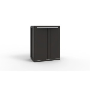 Mobile da balcone t.b.t. marrone scuro con due ante e maniglie argentate.