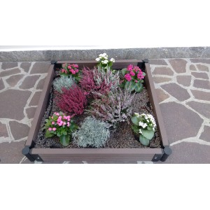 Aiuola rialzata quadrata con erica e kalanchoe in rosa e bianco.