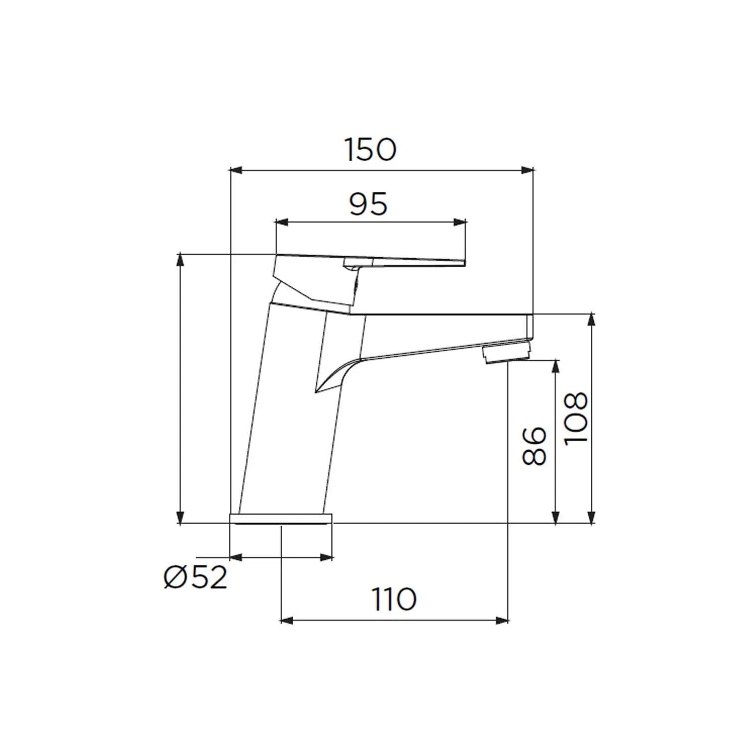 Disegno tecnico: t.b.t. rubinetto lavabo con dimensioni.
