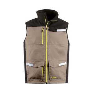 Gilet da lavoro t.b.t. beige/nero con dettagli gialli e riflettori.