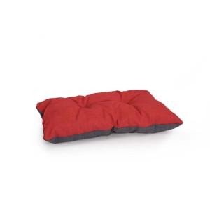 Cuscino per cani rosso con bordo grigio.