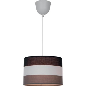 Lampada a sospensione t.b.t. con paralume nei toni del marrone, bianco e nero.