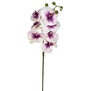 Orchidea artificiale decorativa con fiori bianchi e viola.
