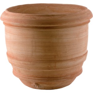 Vaso rotondo in terracotta con design scanalato per piante.
