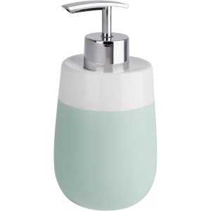 Dispenser sapone Wenko Malta in ceramica bianco-menta con pompa cromata.