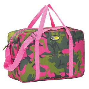 Borsa da campeggio t.b.t. con motivo camouflage rosa e cinghie di trasporto.