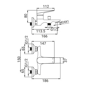 Disegno tecnico: Rubinetto vasca t.b.t. con dimensioni.