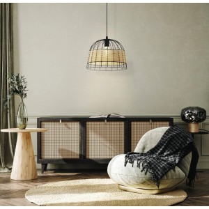 Lampada a sospensione nera Eglo Anwick con dettagli in rattan, Ø 37 cm. Lampada a sospensione in stile Boho.