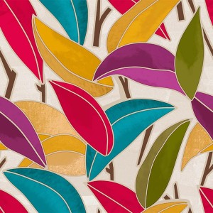 Tovaglia decorativa con design astratto a foglie in vari colori.