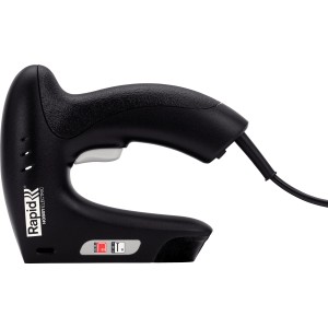 Cucitrice elettrica Rapid nera per graffette e chiodi.