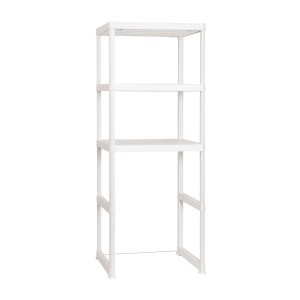 Scaffale da bagno bianco con tre ripiani per maggiore spazio.