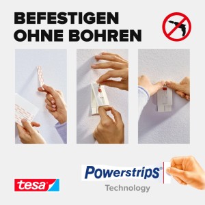 Chiodo adesivo Tesa per carta da parati & intonaco: applicazione senza forare. Mani fissano chiodo regolabile con Powerstrips.