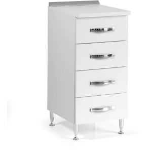 Mobile base cucina t.b.t. bianco con quattro cassetti e maniglie argentate.
