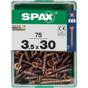Viti per legno SPAX 3,5 x 30 mm, marroni, in contenitore trasparente.