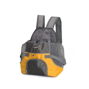 Zaino trasportino per cani grigio e giallo con finestra a rete.